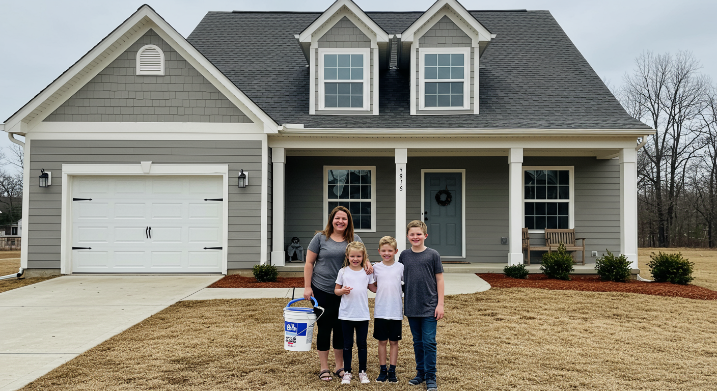 A happy family standing in front of their freshly painted home in Gastonia, NC.