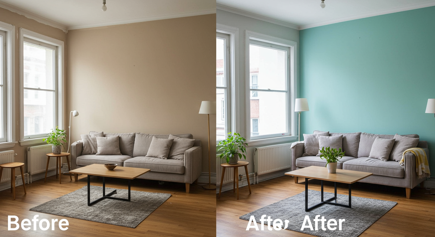 A before-and-after comparison of a living room that has been freshly painted. One side shows the old, faded color, while the other side showcases a vibrant new hue.