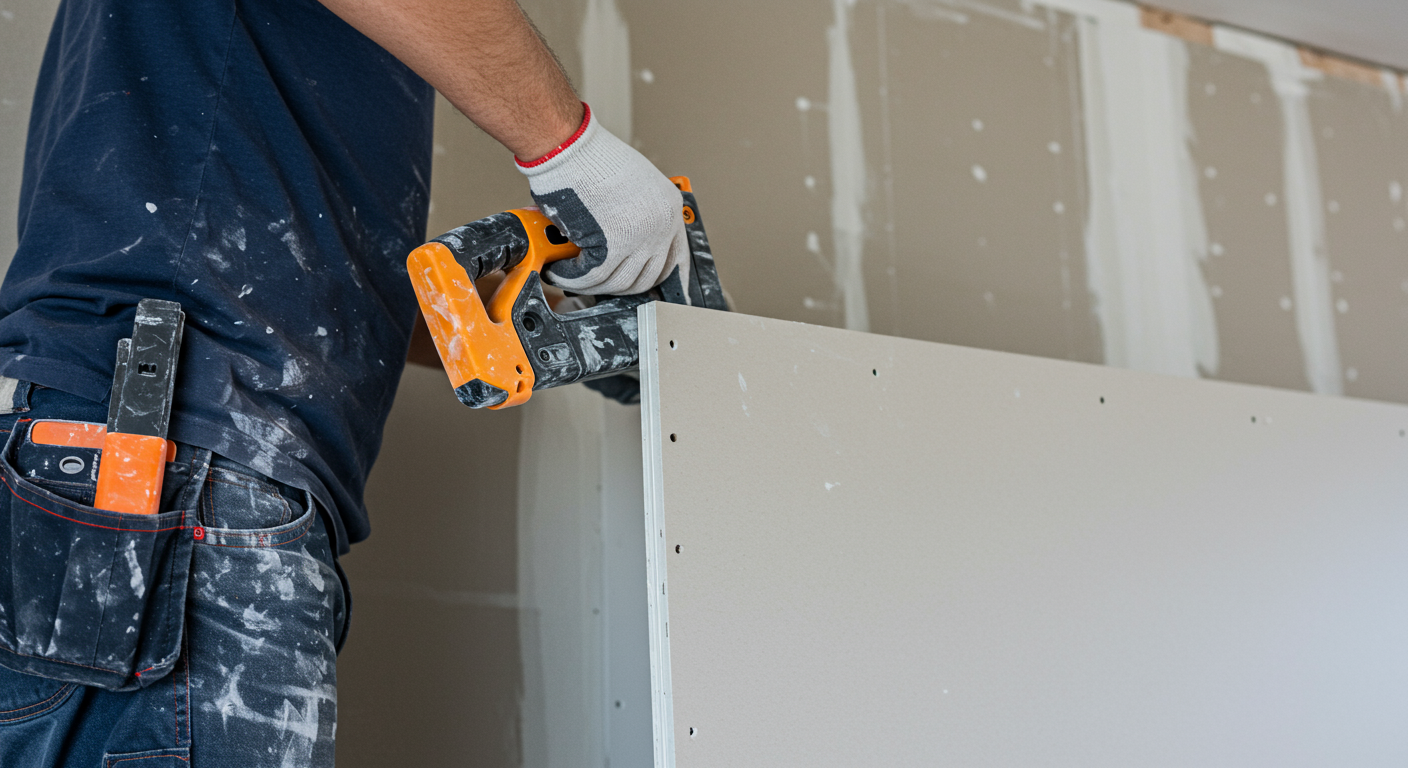 A contractor expertly installing drywall sheets in a residential setting. Tools like a drywall saw and screws are visible, emphasizing craftsmanship.