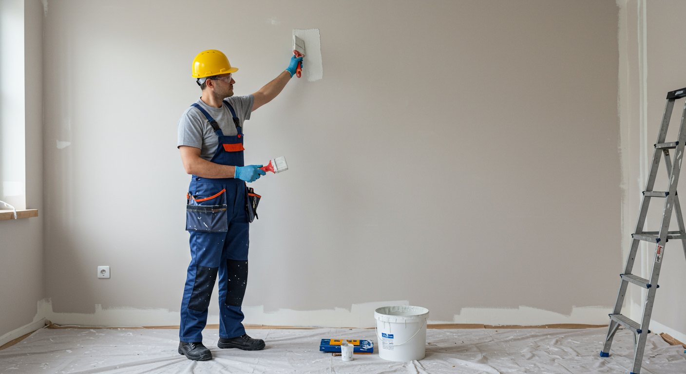 A professional painter carefully applying a coat of paint to a wall, with a ladder and tools visible. The background features a partially painted room, emphasizing the transformation process.