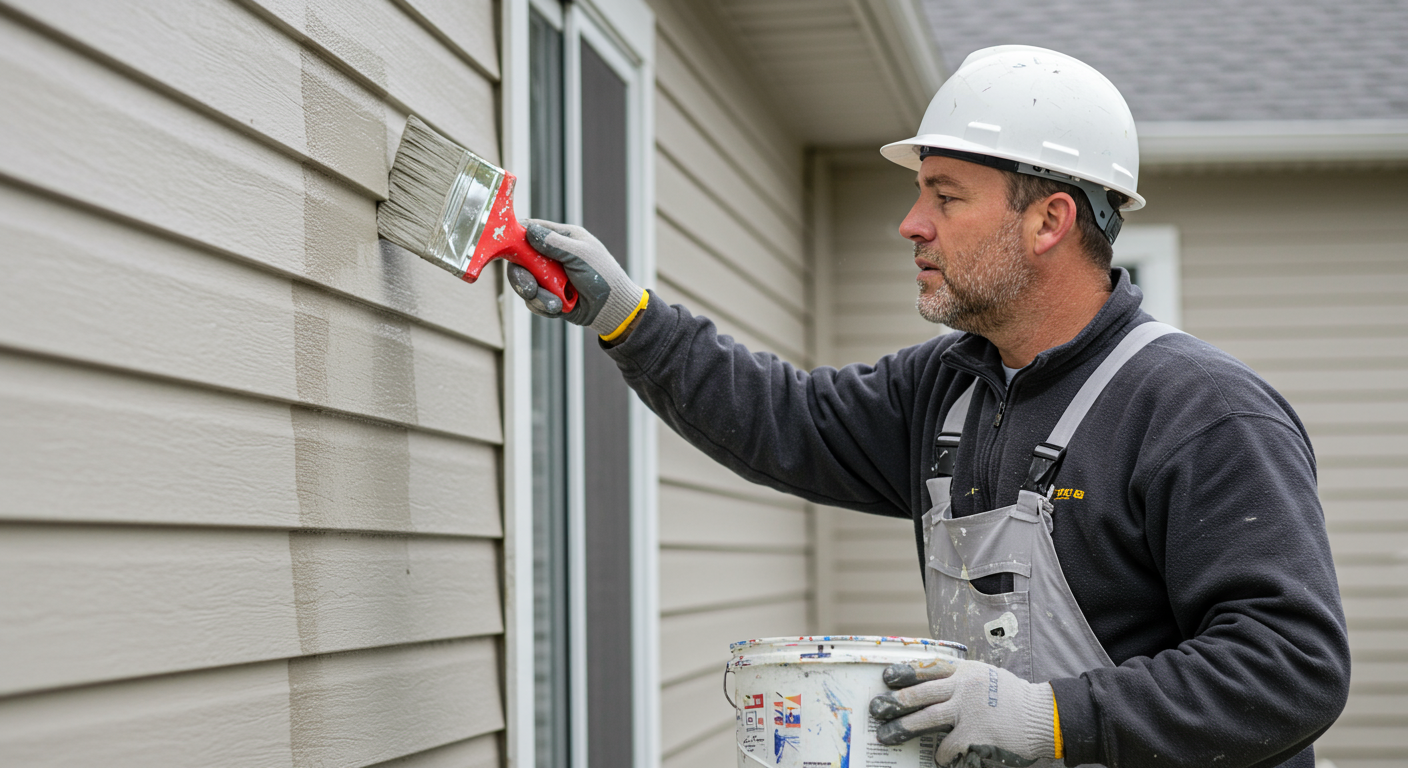 A professional painter applying a fresh coat of paint to a home's exterior. The painter is focused and using high-quality tools, showcasing attention to detail.