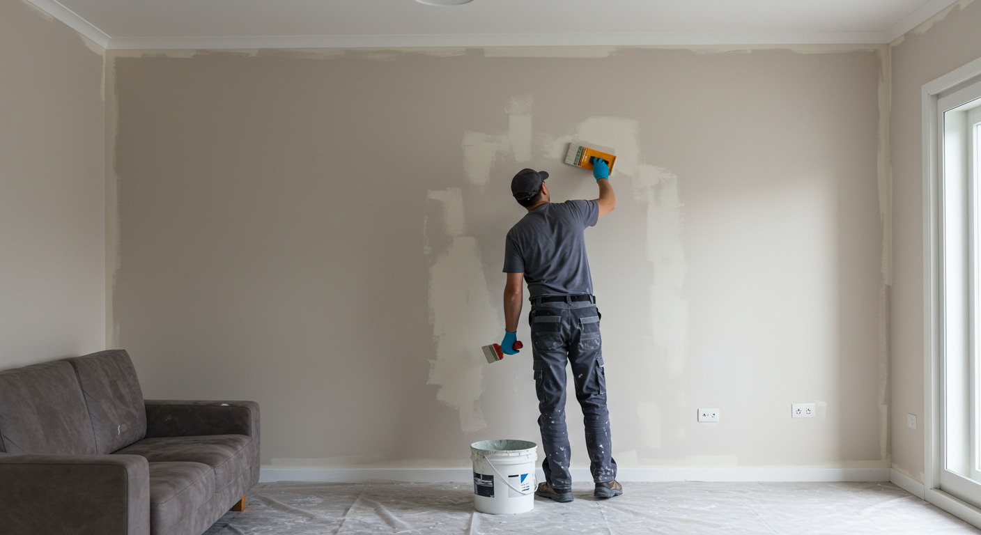 A professional painter applying a fresh coat of paint to a living room wall, showcasing the transformation of the space. The painter is focused and using high-quality tools.