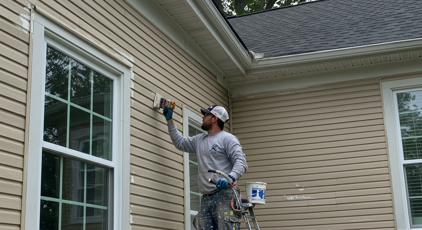 A professional painter applying a fresh coat of paint to the exterior of a charming house in Hickory, NC. The painter is focused and wearing safety gear, showcasing professionalism.