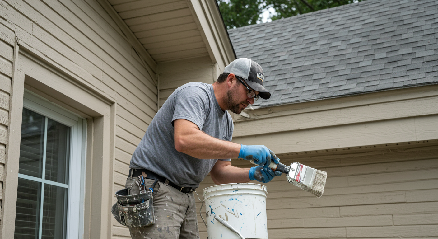 A professional painting contractor applying a fresh coat of paint to a residential home in Gastonia, NC. The contractor is focused and wearing safety gear, showcasing professionalism.
