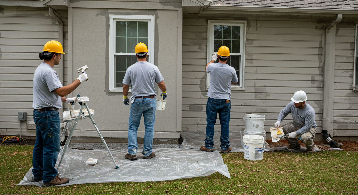 A professional painting team actively working on a residential home exterior, showcasing their skills and teamwork.