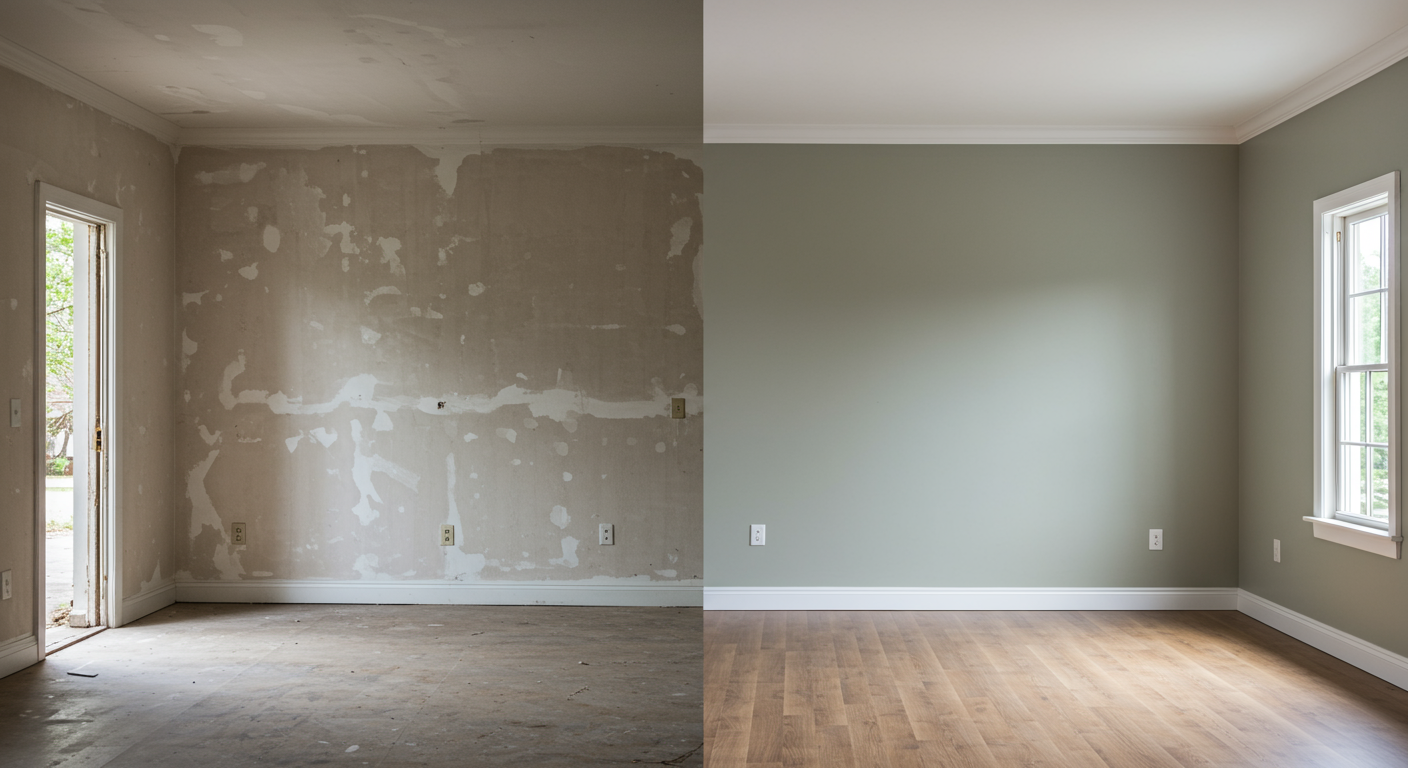 A before-and-after transformation image showing a dull, unpainted room on one side and a newly painted, vibrant room on the other. The contrast highlights the impact of professional painting services.
