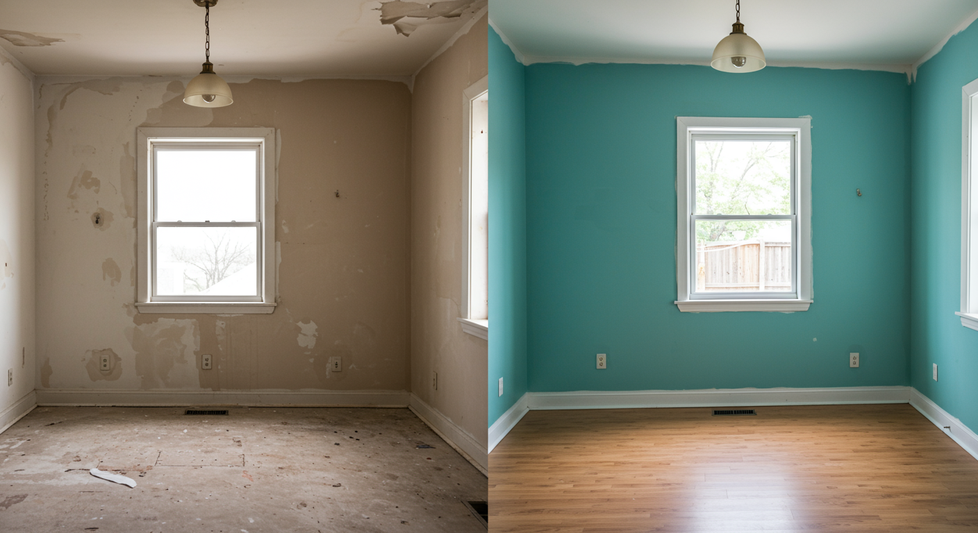 A before-and-after collage showcasing a room transformation, with one side showing the old, dull paint and the other side displaying the vibrant, freshly painted walls.