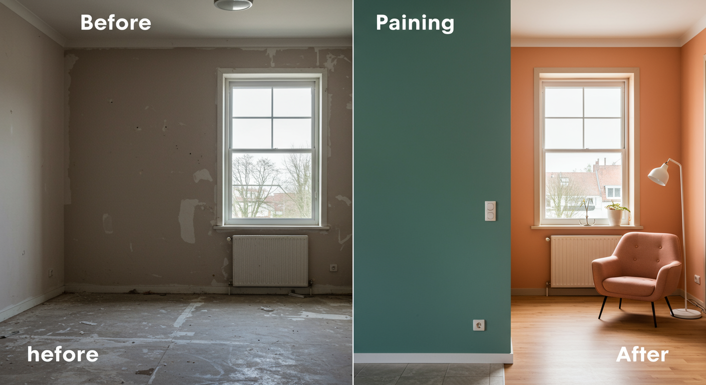 A split image showcasing a room before and after an interior painting job. The 'before' side is dull and uninviting, while the 'after' side is vibrant and welcoming, illustrating the impact of professional painting.