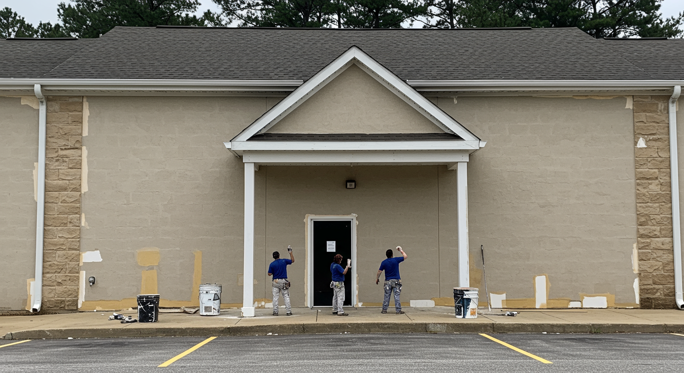 An exterior shot of a commercial building in Kannapolis, NC, with a team of professional painters working together to enhance its appearance.