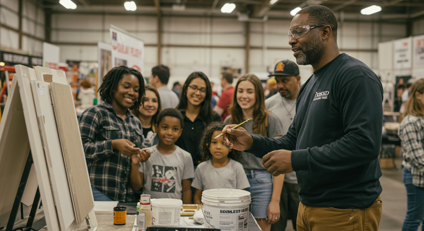 A licensed painter is seen engaging with community members at a local home improvement fair, demonstrating painting techniques and sharing tips.