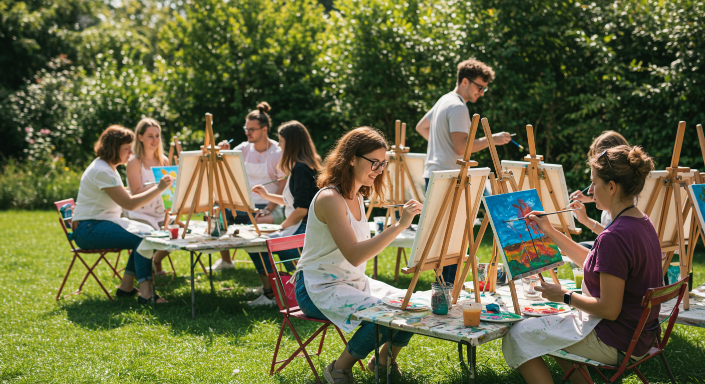 A vibrant scene of a diverse group of adults and children engaged in a painting class outdoors, showcasing creativity and community spirit.