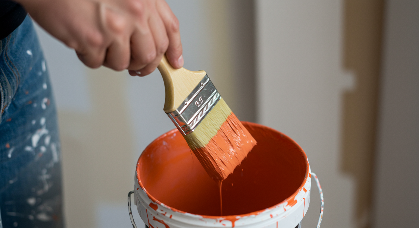 A close-up shot of a painter's hand holding a paintbrush, dipping it into a bucket of bright paint. The focus is on the brush and paint, with a blurred background of a partially painted wall.