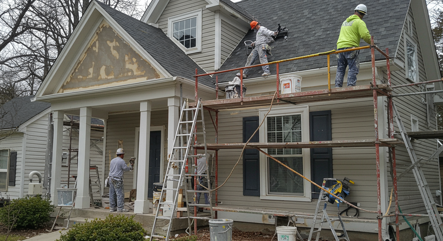 A dynamic shot of a house being painted, with scaffolding and painters in action. The image captures the energy and professionalism of the painting crew.