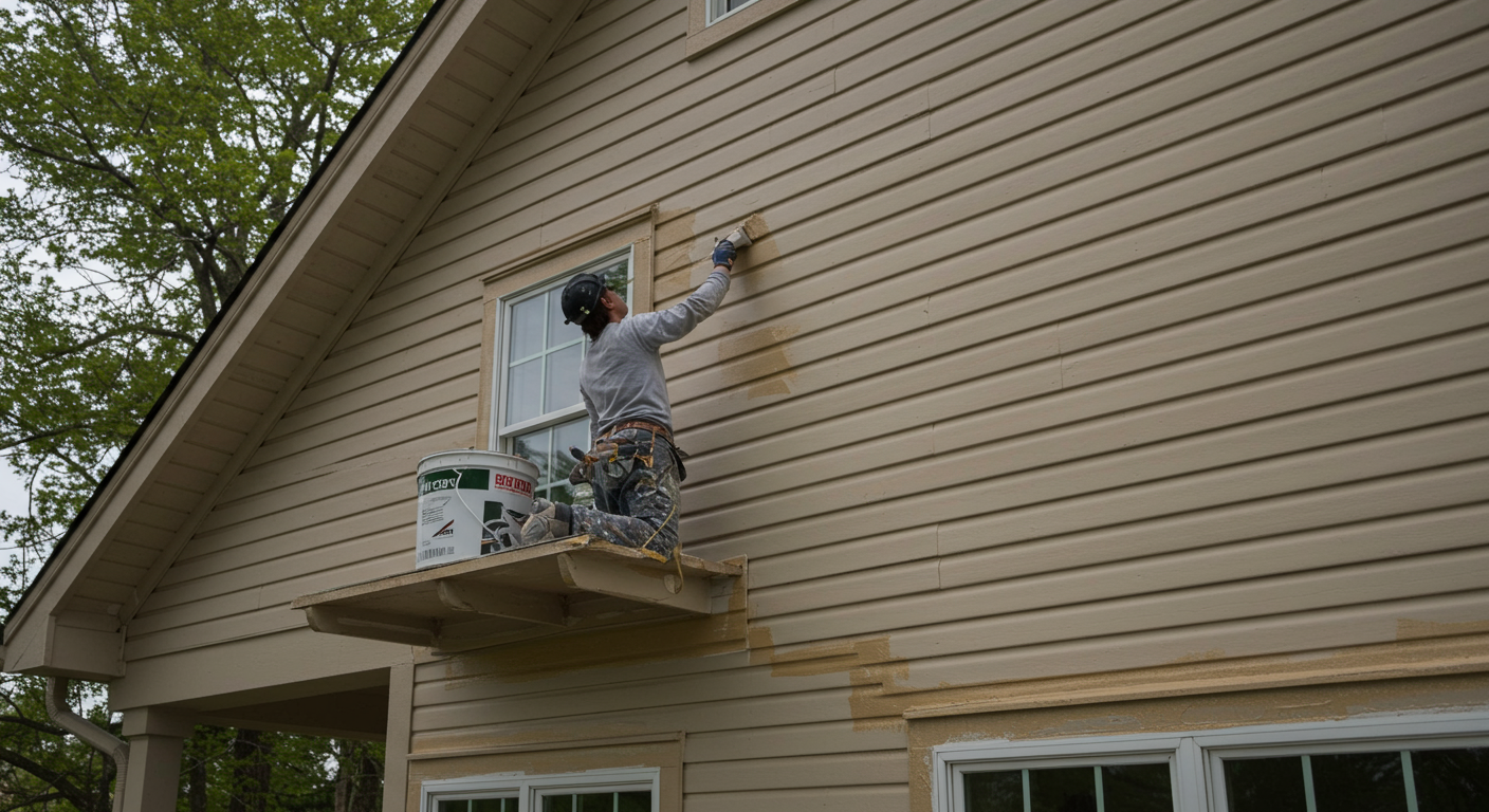 A professional painter applying a fresh coat of vibrant paint to the exterior of a charming house in Huntersville, NC.