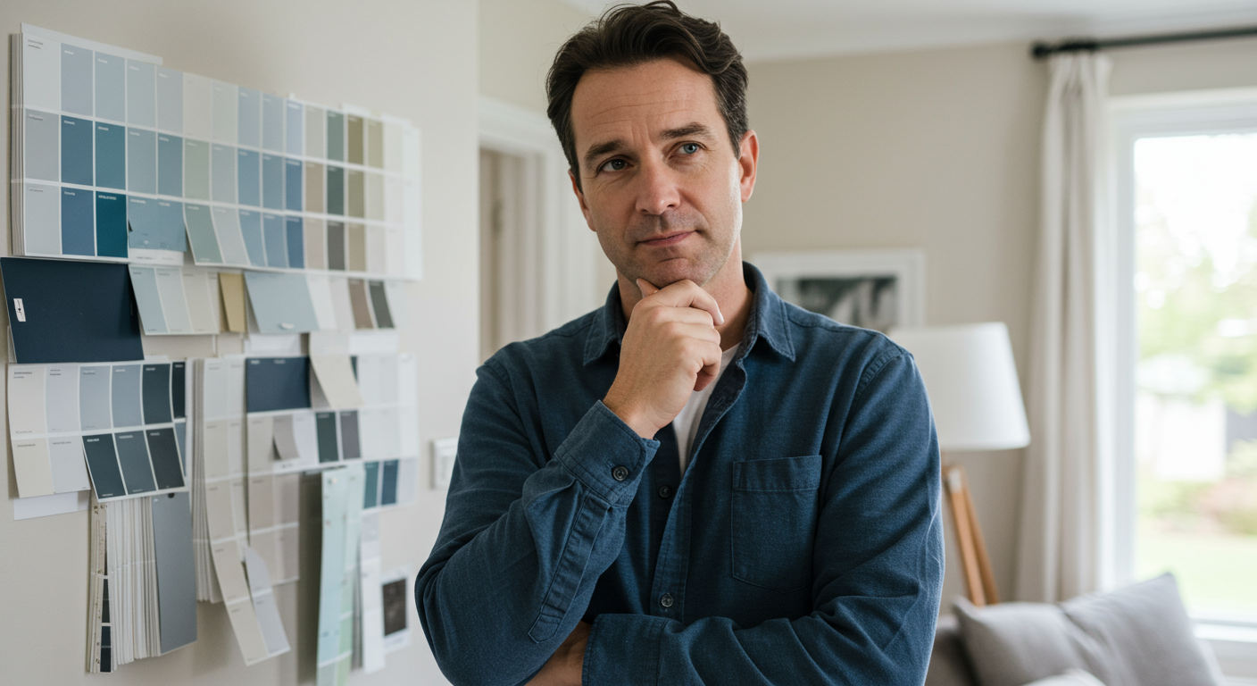 A homeowner standing in front of a wall with paint swatches, contemplating color choices for their interior painting project.