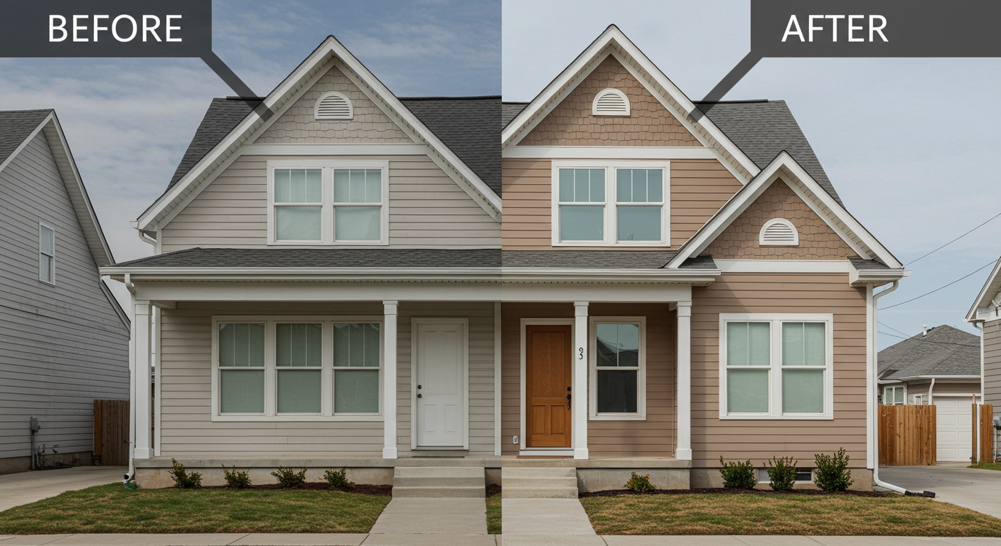 A beautifully painted house exterior with a 'Before and After' visual effect, showcasing the transformation achieved by professional painters. The image captures the essence of quality service.