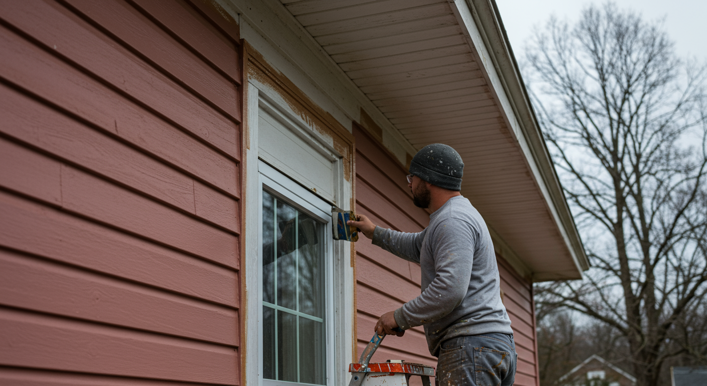 A skilled painter applying a fresh coat of vibrant paint to the exterior of a charming house in Wilson, NC. The painter is focused on their work, showcasing the precision of their technique.