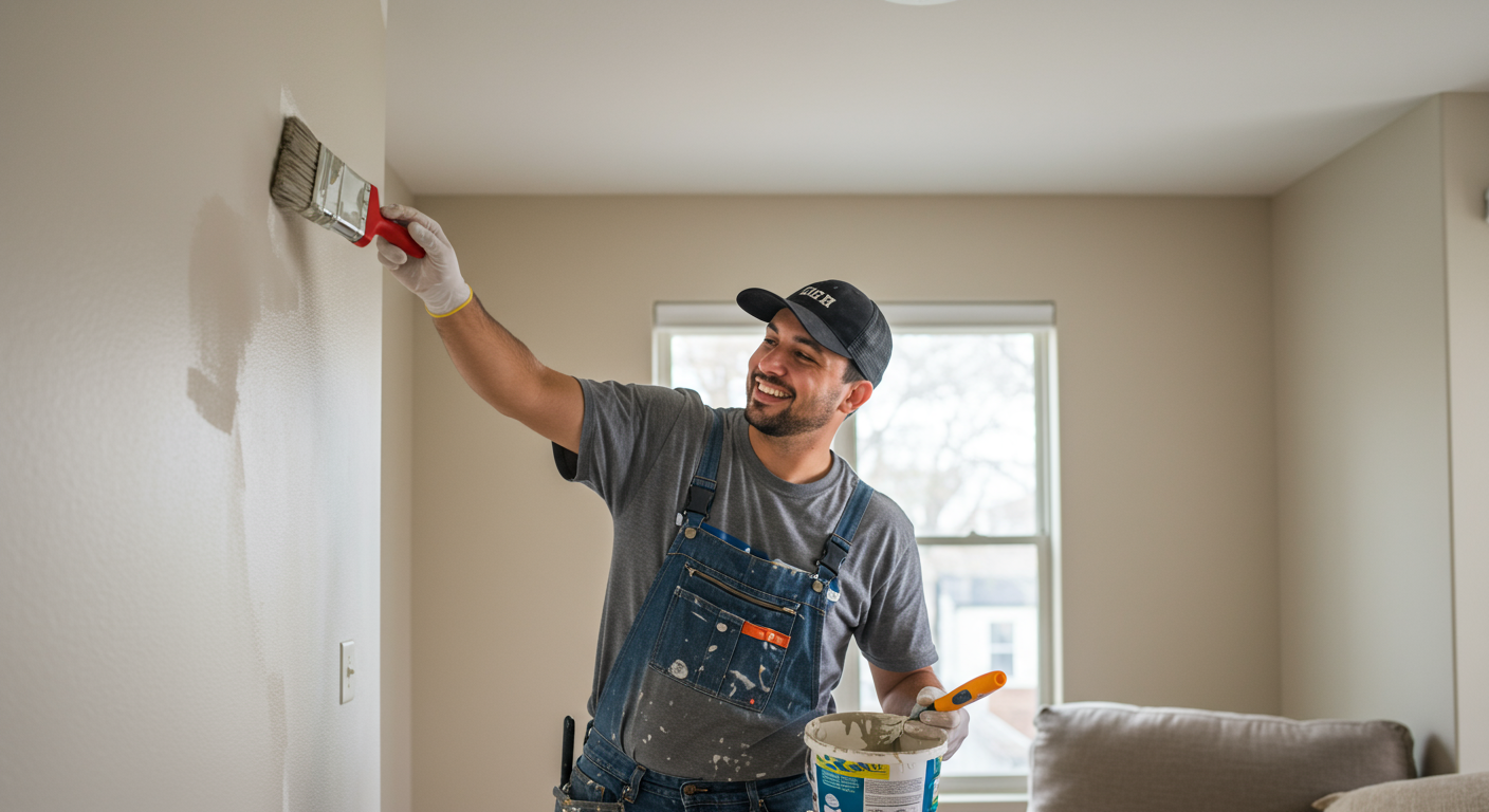A local painter in action, applying a fresh coat of paint to a living room wall. The painter is smiling and engaged in the task, showcasing professionalism and care.