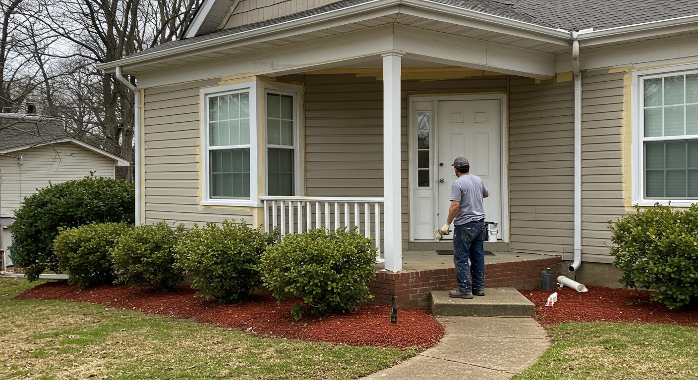 A professional painter in a uniform carefully applying a fresh coat of paint to the exterior of a charming Kannapolis home.