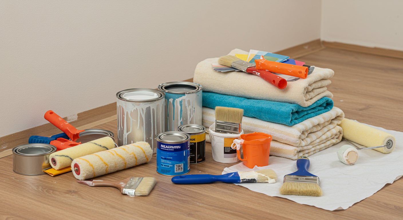 A well-organized workspace showcasing painting tools and materials. Brushes, rollers, paint cans, and drop cloths are neatly arranged, with a partially painted wall in the background, emphasizing preparation and readiness.