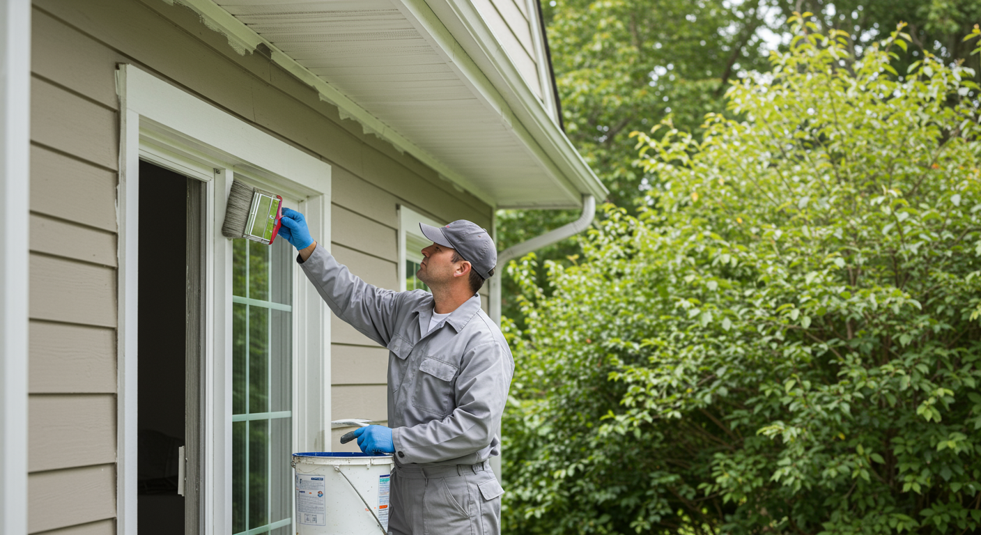 A professional painter in a clean uniform carefully applying a fresh coat of paint on a residential home's exterior. The house is surrounded by lush greenery, indicating a well-kept environment.