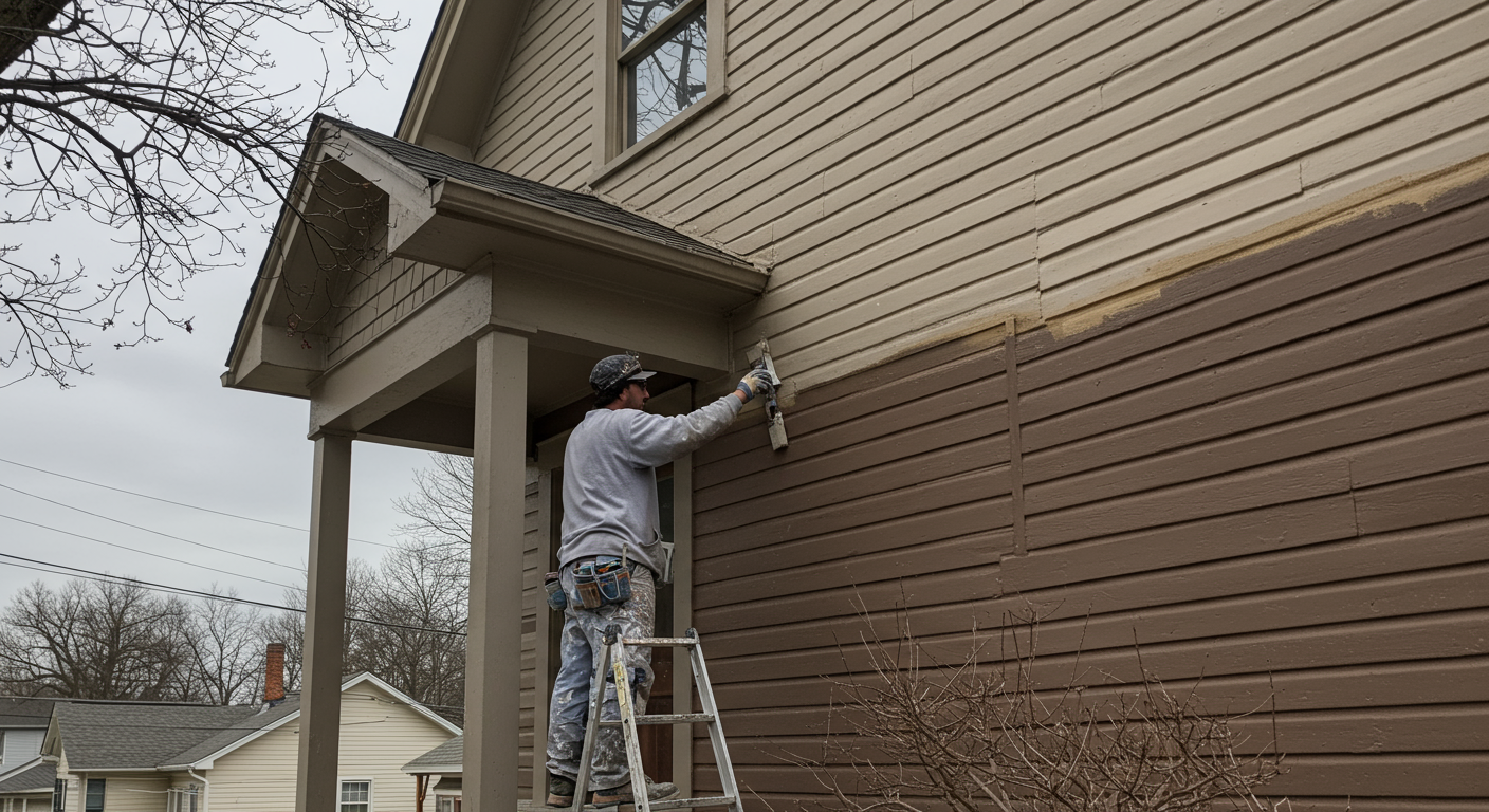A professional painter applying a fresh coat of vibrant paint to the exterior of a charming house in Kannapolis. The painter is focused and skilled, showcasing the craftsmanship involved in the job.