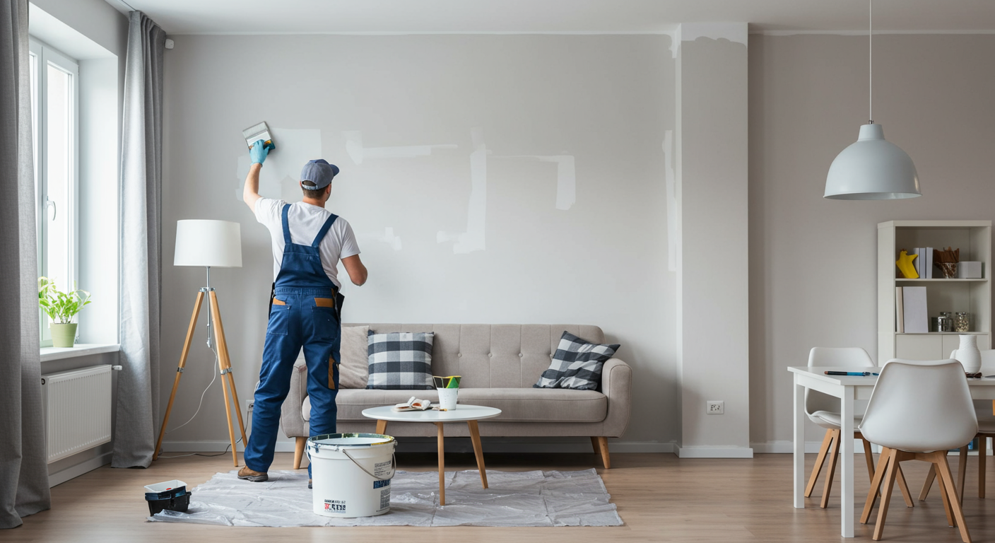 A professional painter in a bright, well-lit living room, carefully applying a fresh coat of paint on the walls. The room features modern furniture and vibrant decor, showcasing the transformation that a new paint job can bring.