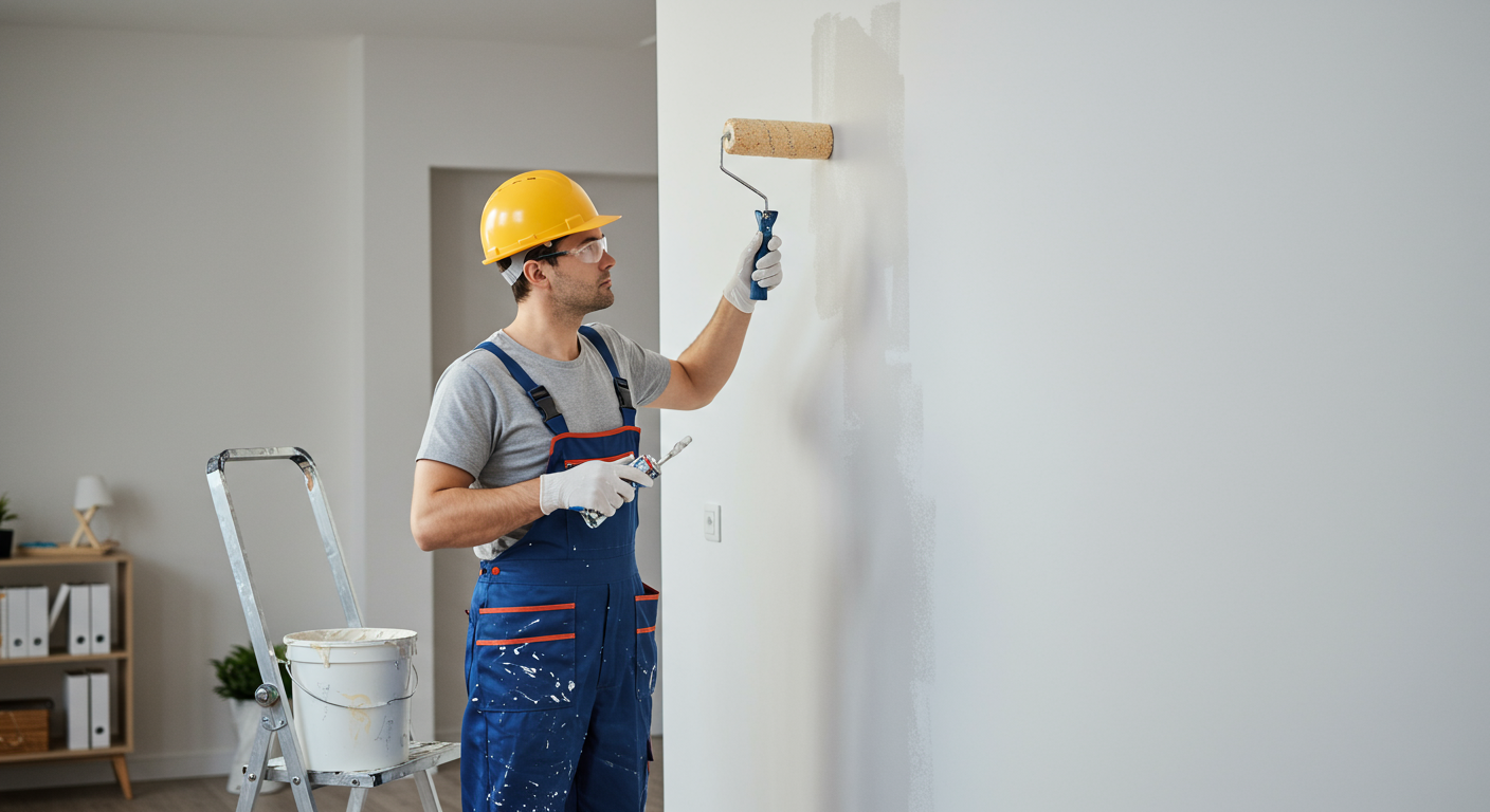 A professional painter in action, carefully painting a wall with a roller. The background features a well-lit, stylish room, emphasizing the quality of workmanship and attention to detail.