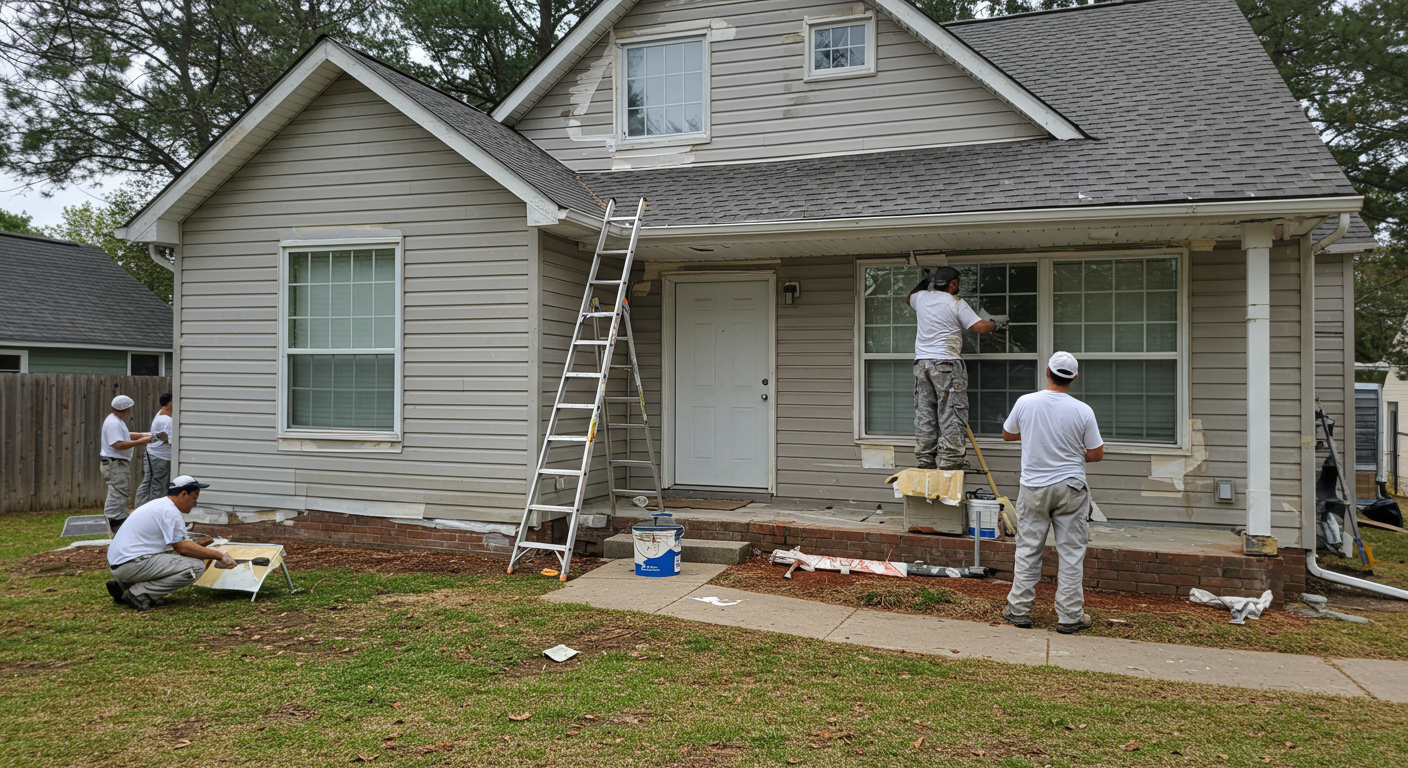 A team of professional painters working on a residential home’s exterior. One painter is on a ladder applying fresh paint to the upper part of the house, while another is preparing paint on the ground. The scene captures the action and skill involved in exterior painting.