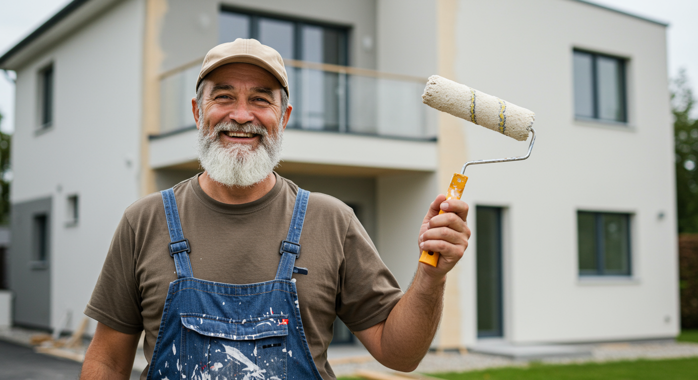 A painter standing proudly in front of a completed residential project, holding a paint roller and smiling.