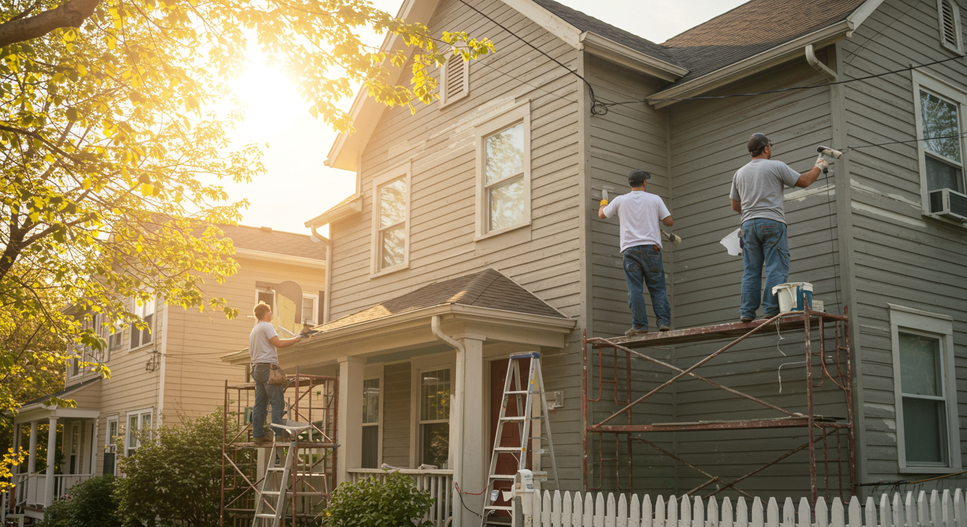 A team of professional painters working together on an exterior house painting project.