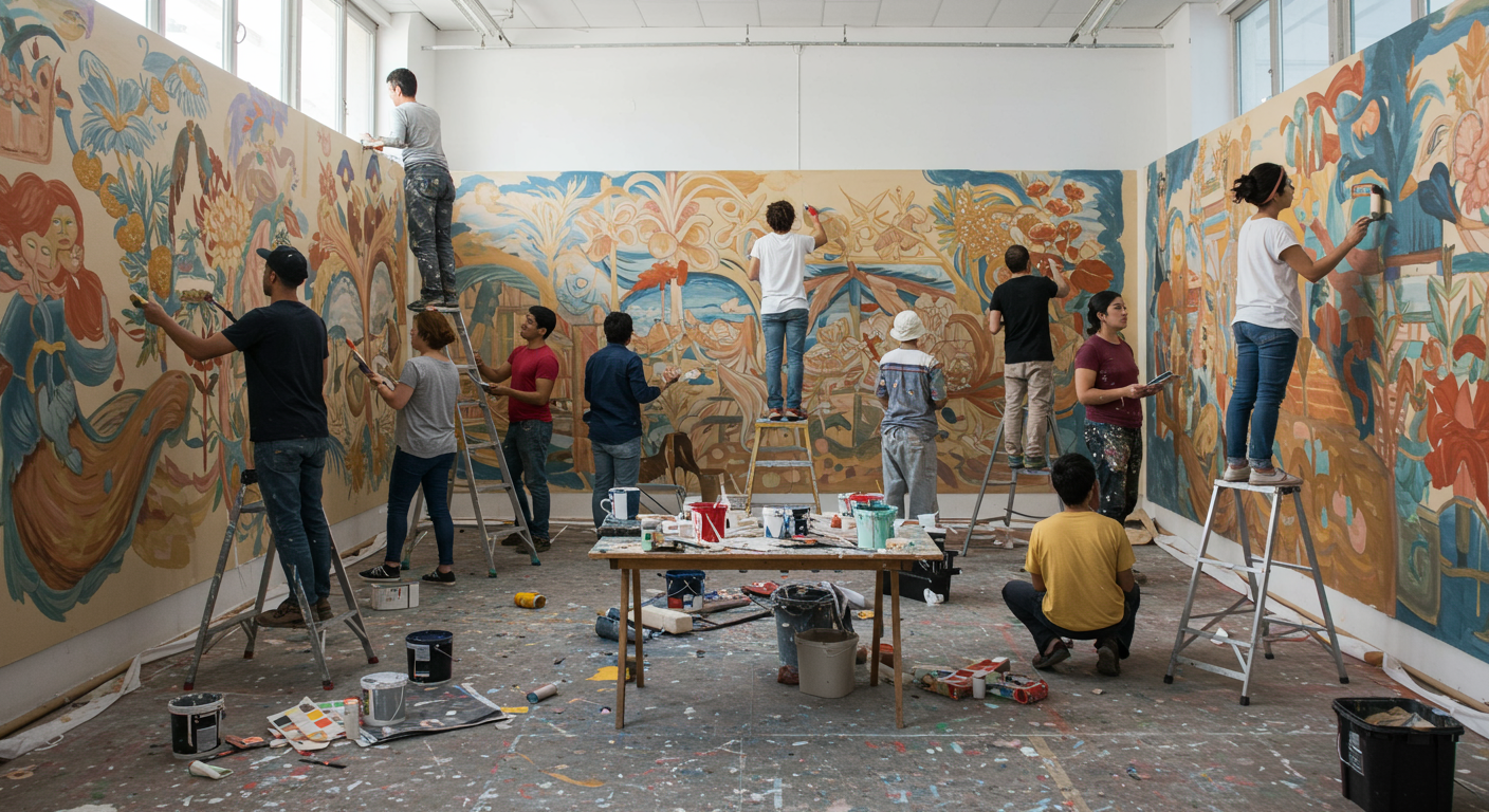 A group of professional painters collaborating on a large interior painting project, showcasing teamwork and professionalism in a spacious room.