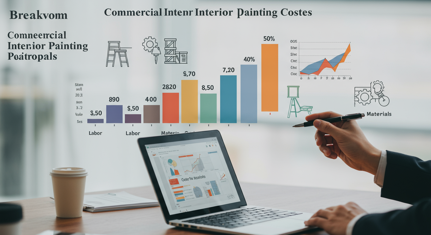 An infographic-style image illustrating the breakdown of commercial interior painting costs, including labor, materials, and additional expenses.