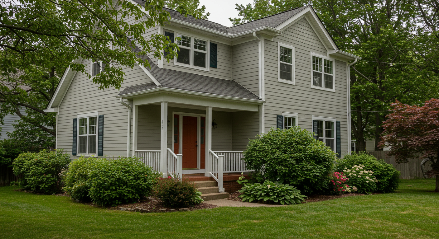 A beautifully painted house with a well-maintained garden, showcasing the final result of a siding painting project.