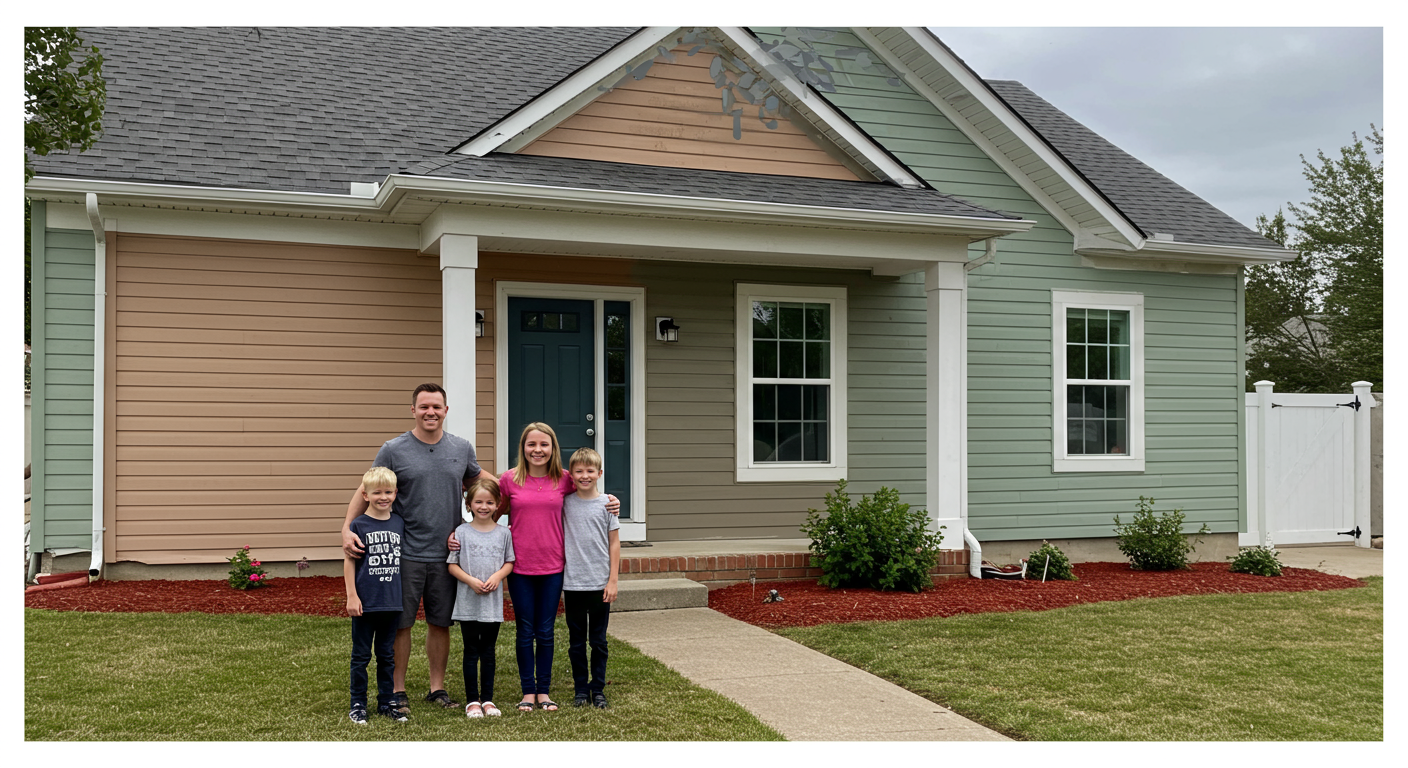 A happy family standing proudly in front of their freshly painted home, showcasing the vibrant new siding.