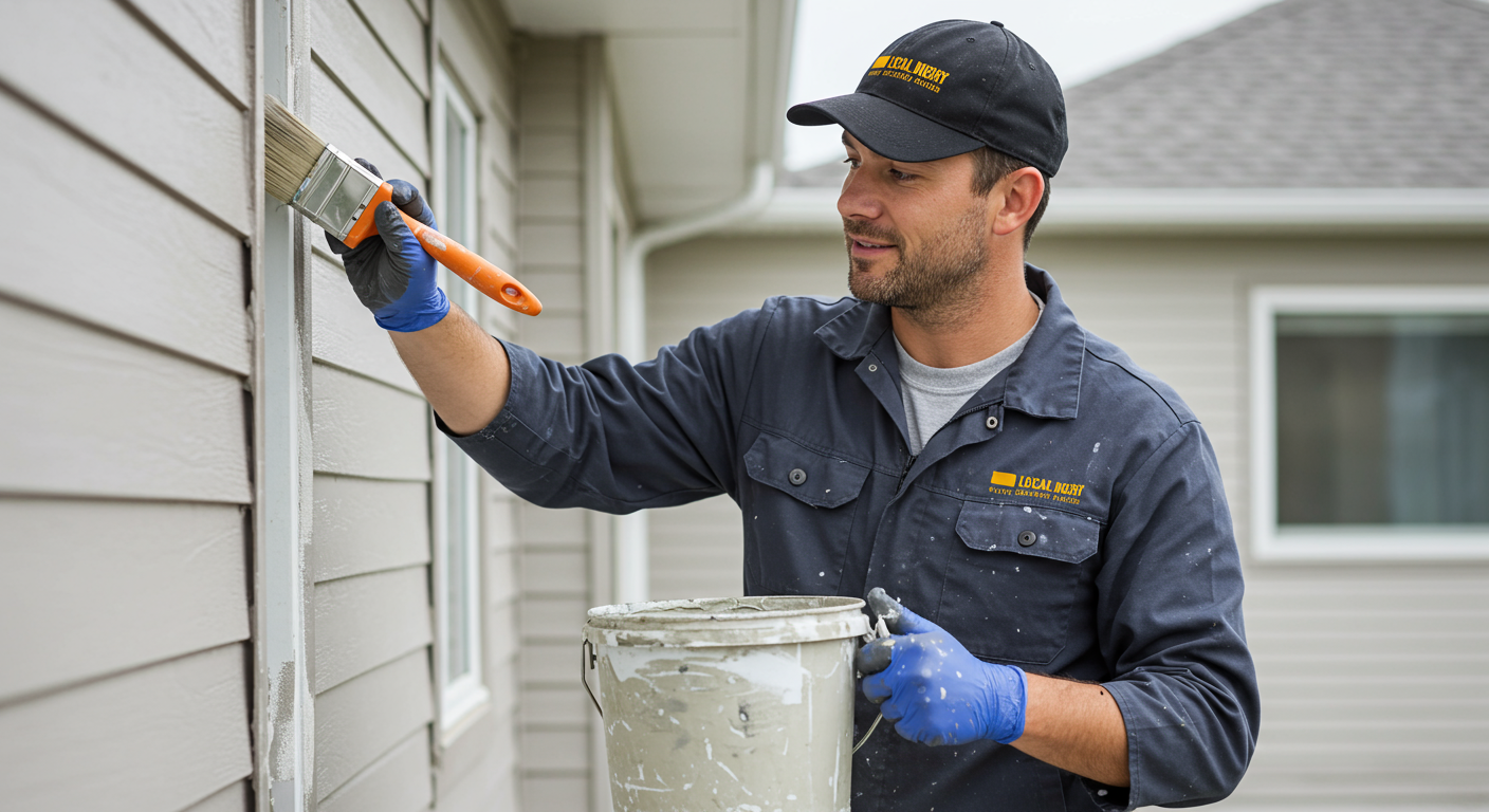 A local painter in a uniform applying a fresh coat of paint to a residential home. The painter is focused and smiling, showcasing professionalism and dedication to quality work.
