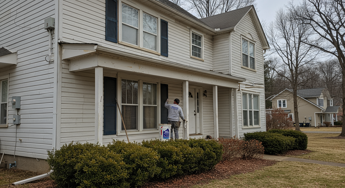 A local painter in a uniform, actively painting the exterior of a charming house in Kannapolis, NC. The scene captures the painter mid-action, showcasing their dedication to quality work.