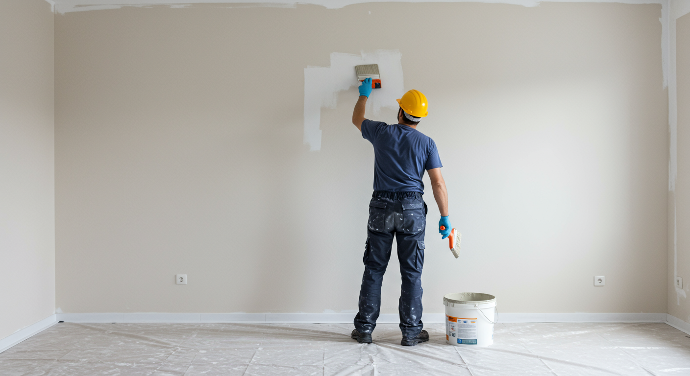 A skilled painter in a clean, well-lit room applying a fresh coat of paint to a wall, showcasing precision and attention to detail.